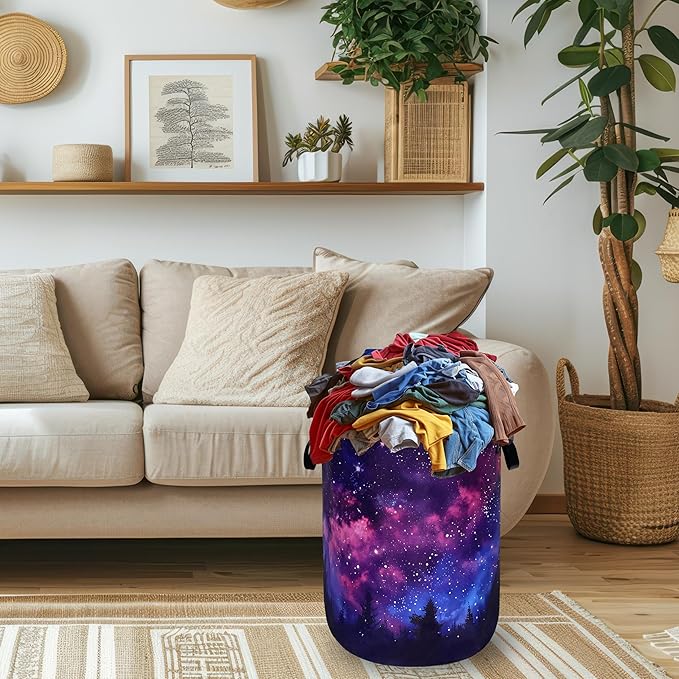 Personalize Galaxy Laundry Basket Oxford Cloth Foldable Forest Starry Sky Laundry Hamper With Handle Clothes Storage Organizer Basket 18.9x16.5 Inch Laundry Bag For Laundry Room/Bedroom/Bathroom