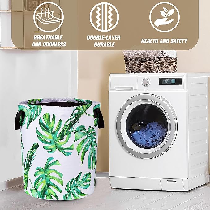Green Leaf Laundry Basket Hawaiian Palm Tree Foldable Oxford Cloth Funny Tote Bag Laundry Hamper Clothes Storage Bucket Organizer For Bathroom/Laundry Storage/Bedroom 17.7x13.7 Inch