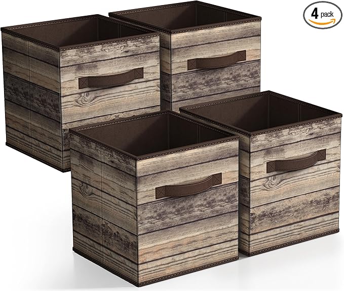 Sorbus Foldable Storage Cube Basket Bin, Rustic Wood Grain Print, 4-Pack (Rustic Bin - Brown)