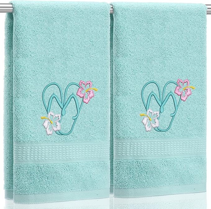 2 Pcs Flip Flops Hand Towels Mint Green Bathroom Decor 14x29 Inch Embroidered 100% Cotton Soft Absorbent Spring Summer Decorative Hand Towels for Bathroom Kitchen