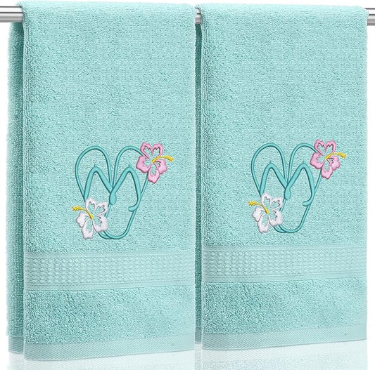 2 Pcs Flip Flops Hand Towels Mint Green Bathroom Decor 14x29 Inch Embroidered 100% Cotton Soft Absorbent Spring Summer Decorative Hand Towels for Bathroom Kitchen