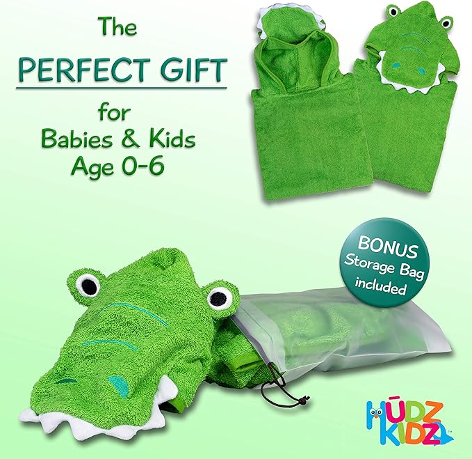 Hudz Kidz Premium Hooded Towel Poncho for Kids & Toddlers, Soft 100% Cotton, Ideal at Bath, Beach, Pool (Green Croc)