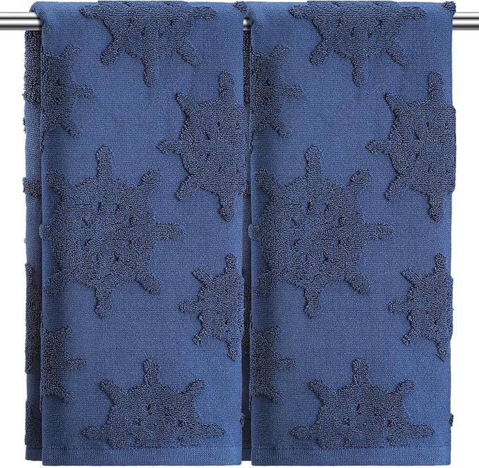 2 Pcs Nautical Hand Towels for Bathroom 100% Cotton Jacquard Weave Bath Towel Set Soft Absorbent Dish Washcloth for Bathroom Kitchen Coastal Theme Gifts 13.8 x 29.5 Inch (Navy Blue)