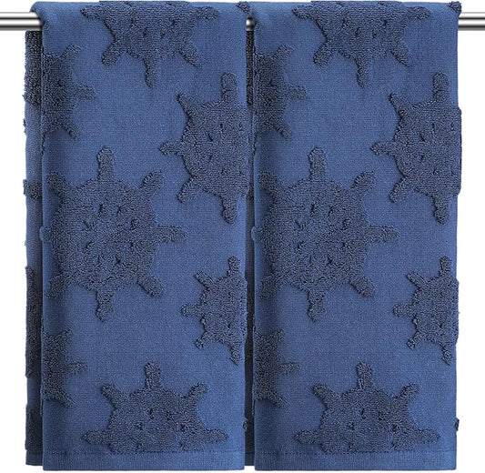 2 Pcs Nautical Hand Towels for Bathroom 100% Cotton Jacquard Weave Bath Towel Set Soft Absorbent Dish Washcloth for Bathroom Kitchen Coastal Theme Gifts 13.8 x 29.5 Inch (Navy Blue)
