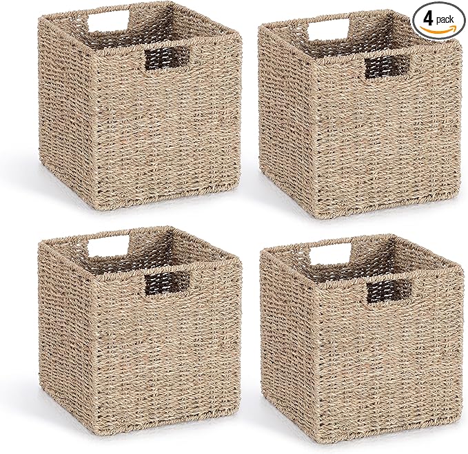 10.5 x 10.5in Seagrass Storage Baskets Set of 4, Cube Foldable Woven Storage Baskets for Shelves, Decorative Seagrass Shelf Basket