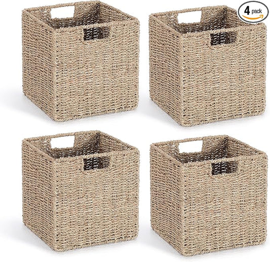 10.5 x 10.5in Seagrass Storage Baskets Set of 4, Cube Foldable Woven Storage Baskets for Shelves, Decorative Seagrass Shelf Basket
