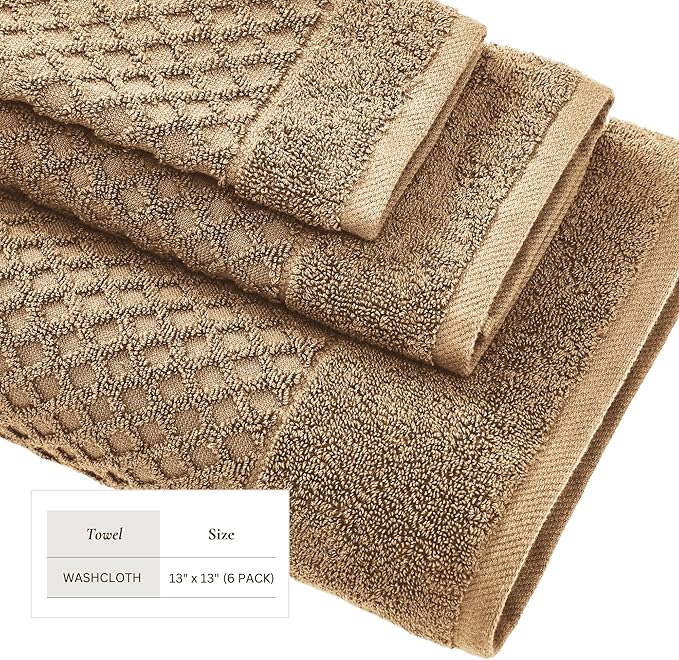 Great Bay Home Brown Washcloths - 100% Cotton 6 Pack 13x13 Washcloth Set - Absorbent, Durable, Quick-Dry Face Towels for Bathroom (Mocha)