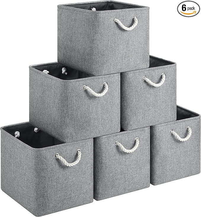 13x15x13 Storage Cube Bins, Heavy Duty Foldable Fabric Storage Bins with Handles and Metal Frame, 6 Pack Large Closet Organizer Bins for Clothes, Socks, Towels, Grey