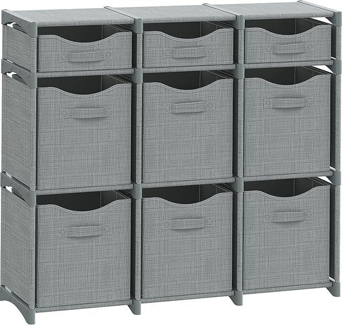 9 Cube Storage Organizer With Bins Included - Closet Storage With 9 Storage Bins - Easy To Assemble Storage Unit With Drawers - Closet Organization For Clothes, Bedroom, Nursery, & Toys (Light Grey)