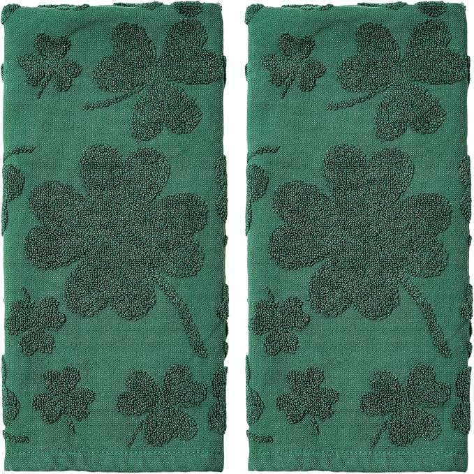 2 Pcs St. Patrick's Day Hand Towels 3D Green Shamrock Bathroom Decorative Towels for Drying, Cleaning, Cooking, Holiday 16'' x 28'' with Gift Box(Green)