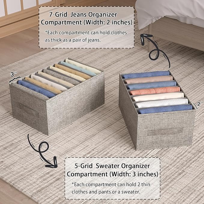 Wardrobe Clothes Organizer, 5 Compartments Jeans Organizers and Storage, Stackable Drawer Organizer for Closet - Pants, Sweaters, T-Shirts, Dimension 14.2" x 11"x 8"