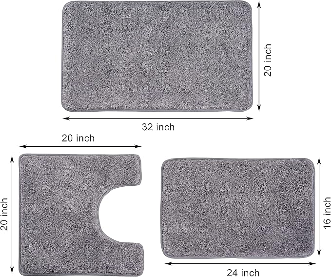 3 Pieces Luxury Bathroom Rug Set with U-Shaped Toilet Rug, Non-Slip Rubber Bottom, Thick Microfiber Fluffy Plush, Water absorption, Quick Dry, Ultra Soft, Bath Mats for Bathroom, Tub(Dark Grey)