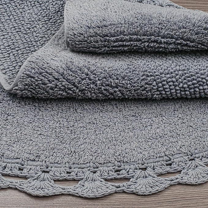 Half Moon Circle Bohemian Bathroom Rug with Handwoven Chrochet Border, Beautifully Handcrafted 100% Cotton Mat - 22x42", Round Boho Bedroom Rug, Boho Bathroom Décor, Machine Washable - Charcoal Grey