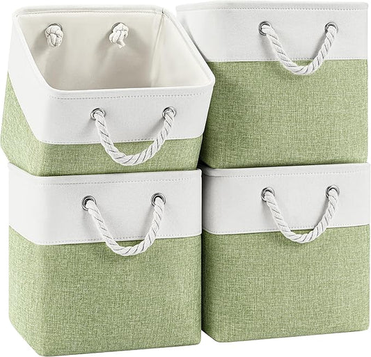 11 Inch Cube Storage Bins, 4 Pack Fabric Storage Cubes with Rope Handles, Organizer Baskets for Closet Shelves, Clothes and Home Organization(White/Green)
