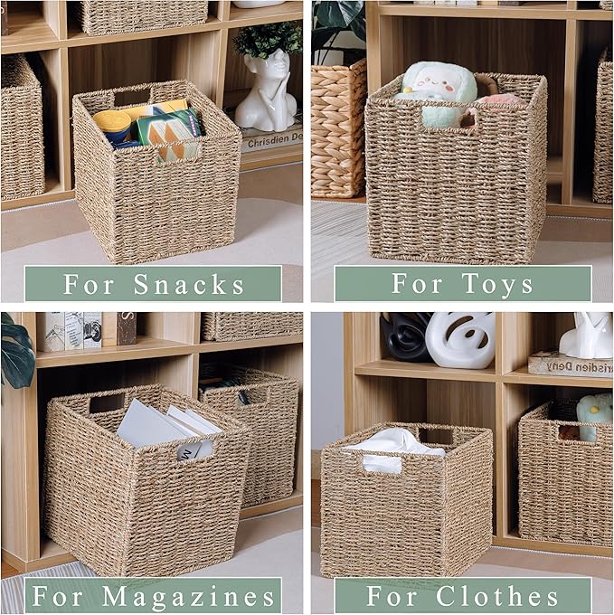 10.5 x 10.5in Cube Seagrass Storage Baskets, Foldable Square Wicker Storage Baskets for Shelves Set of 3, Large Cubby Rattan Basket, Collapsible Cube Storage Bins