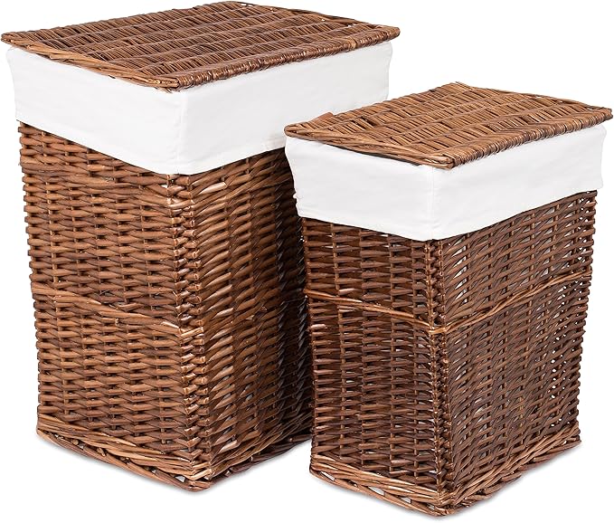 BirdRock Home Woven Willow Baskets with Liner | Set of 5 | Rectangular Hampers and Storage Bins with Lids | Decorative Wooden Wicker Baskets | Organizer | Natural (Brown)