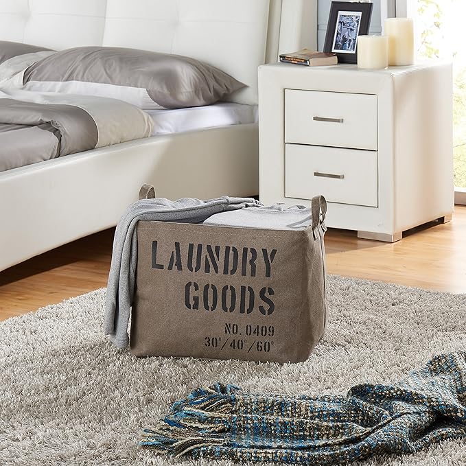 Danya B. LY117 Decorative Canvas Laundry Basket with Handles - Portable Collapsible Foldable Clothes Hamper - Khaki Green