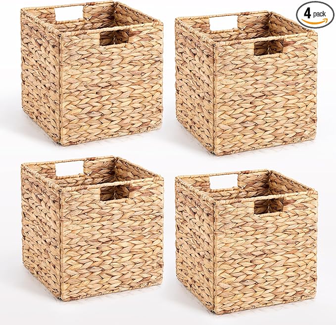 10.5 x 10.5in Wicker Storage Baskets, Cube Foldable Water Hyacinth Storage Baskets for 11 x 11 Cube Shelves Set of 4